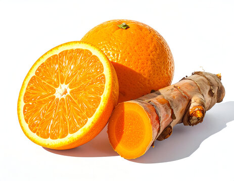 Fresh Sliced Cross Section Juicy Orange Sunkist Fruit with Raw Turmeric Rhizome Isolated on White Background