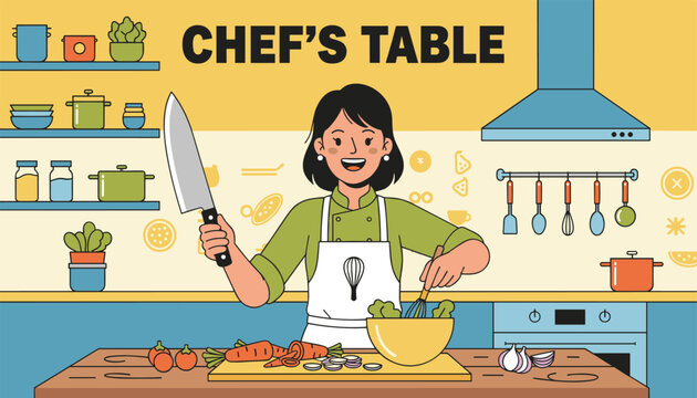 Female chef in a green uniform and white apron holds a large knife and mixes salad in a bright kitchen background.