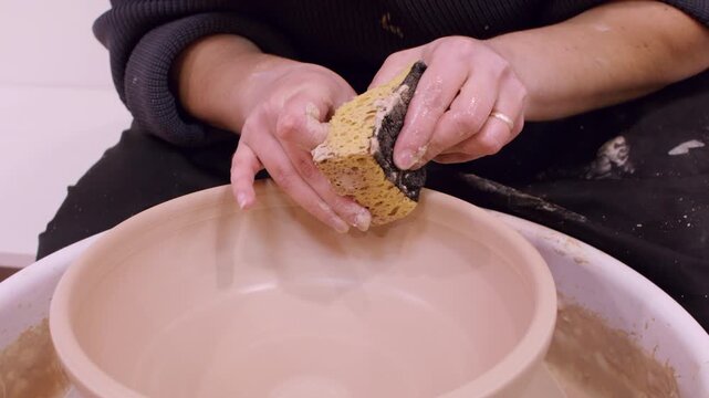 Professional craft. Creative potter. Unrecognizable specialist woman hands working with artisan pot using electric wheel in workplace.