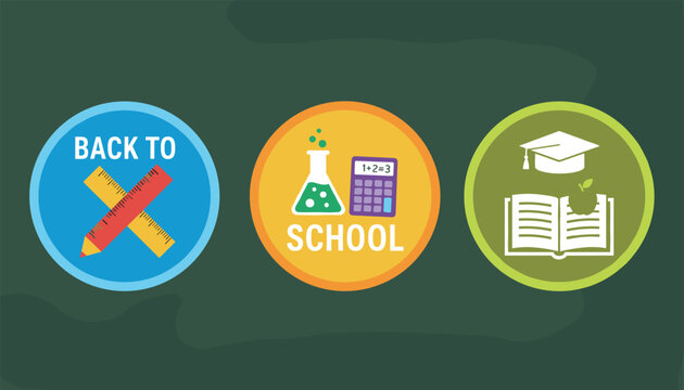 Back to school theme badges in circle shapes featuring rulers, lab flask, calculator, graduation cap, and open book.