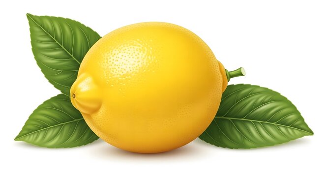 Realistic lemon with green leaves on white background fresh citrus fruit