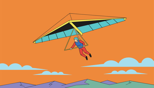Adventurer flying on a turquoise hang glider high in the sky over mountains during a beautiful orange sunset.