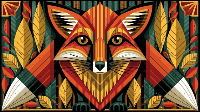 Symmetrical geometric portrait of fox face with leaves.