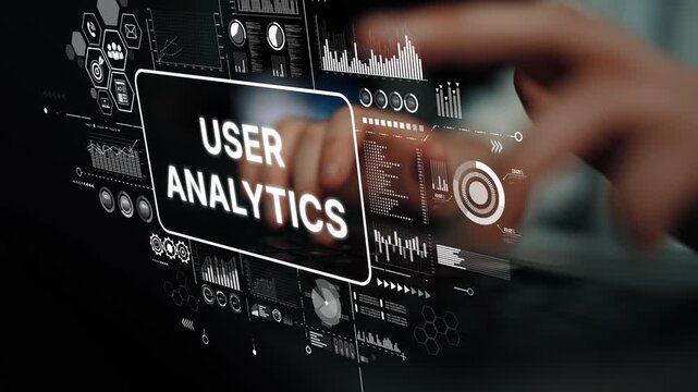 Detailed View of User Analytics Interface with Hands on Keyboard and Data Visualization Elements. Asymptotic smart data analytic.