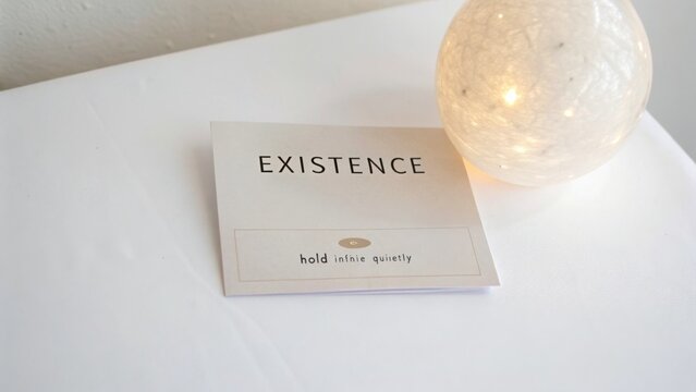Minimalist space with a soft glowing light and an inspirational book about existence and mindfulness on a clean table surface