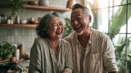 Fototapeta premium Joyful senior couple cooking together in kitchen