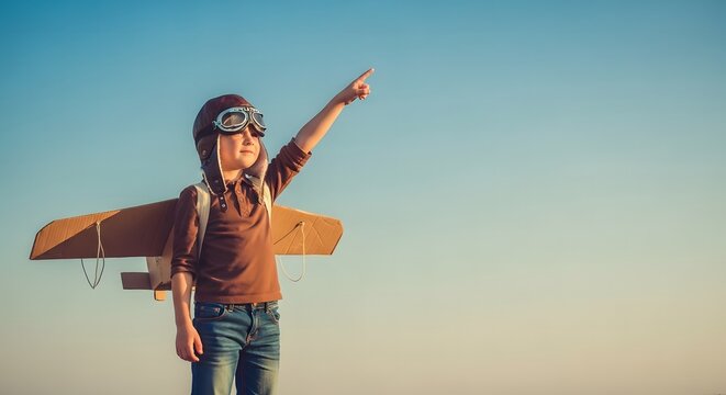 Child pretending to be a pilot with cardboard wings outdoors