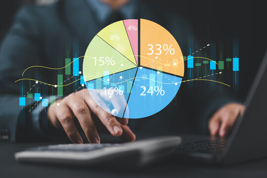 Investment portfolio diversification strategy. Risk management and asset allocation. Investor using laptop computer to manage stock investments.