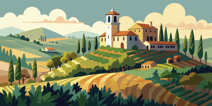 Italian countryside landscape with a stone church on a hill and rolling vineyards and farmland