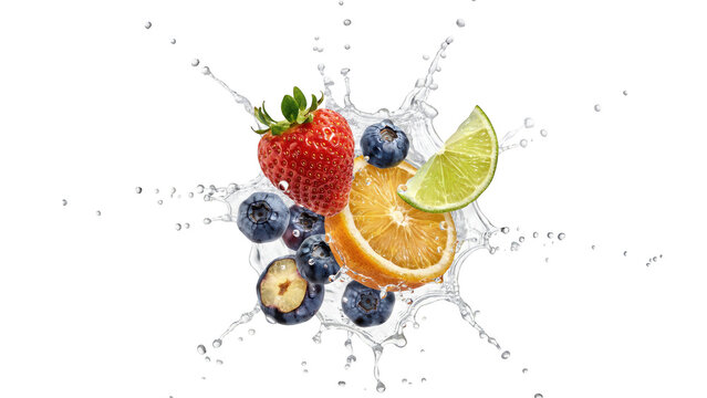 Fresh strawberry, orange slice, lime wedge, and blueberries splashing in clear water with droplets flying against a solid black background