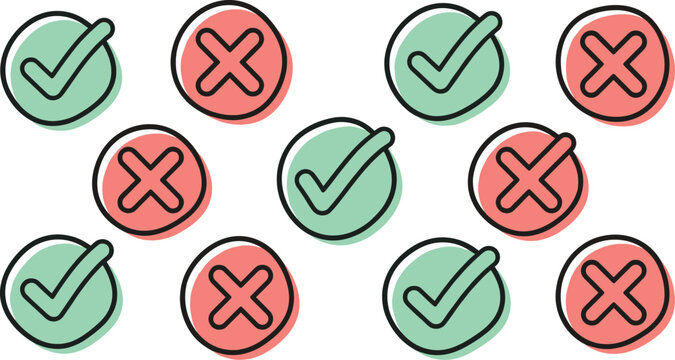 Vector cute hand drawn line icon set of checkmark and cross mark symbols featuring green check and red wrong options in circles