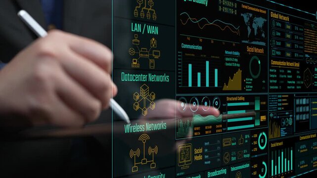 This image showcases advanced data visualization of communication networks, featuring a touchscreen interface with various statistics and analytics for effective technology solutions. Cipher
