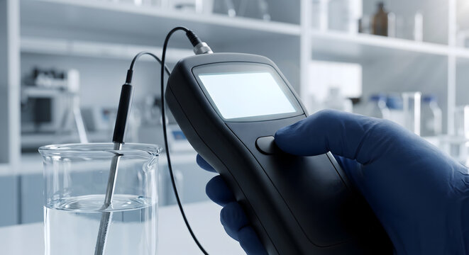 Gloved hand holding digital ph meter probe in beaker with clear liquid for chemical analysis inside modern laboratory setting.