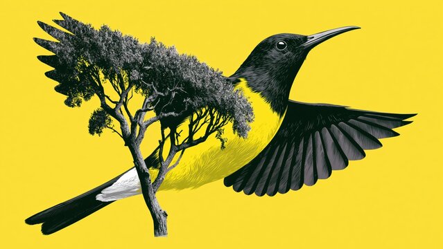 Yellow bird flying with tree silhouette cutout overlay.