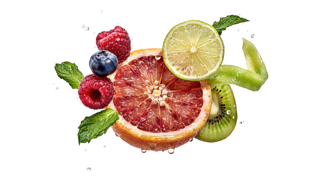 Fresh grapefruit slice, kiwi, blueberry, raspberry, and mint leaves floating in air with water droplets against a solid black background