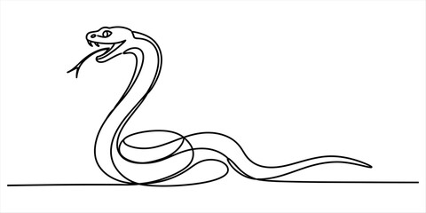 Continuous single line drawing of a dangerous snake with open mouth and tongue out showing a simple minimalist artistic animal illustration design © Pabon Art Gallery