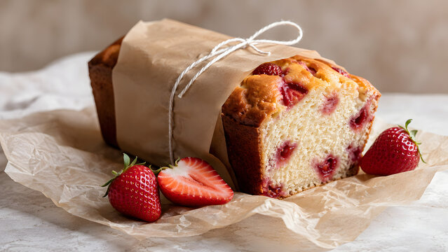 Rustic strawberry pound cake is wrapped with parchment for elegant artisan bakery product presentation