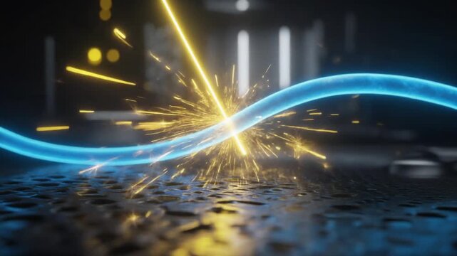 Glowing blue fiber optic cable intersected by precision yellow laser beam with dynamic sparks, macro technology background