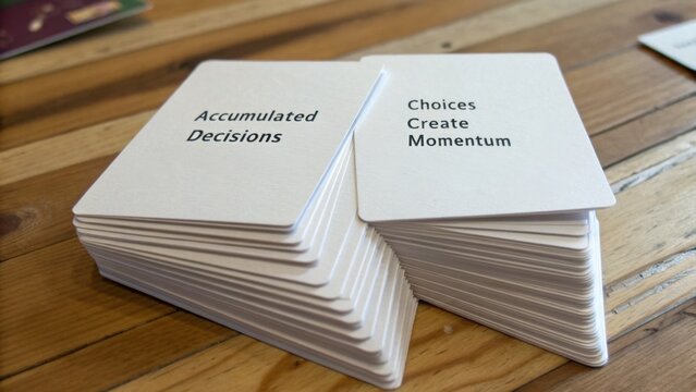 Stacked Cards with Motivational Phrases on Table for Personal Growth and Decision-Making in a Creative Environment