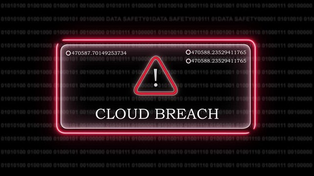 Urgent cloud breach warning alert with digital binary code background, and glowing red, neon warning sign, for cybersecurity threat, detection, data privacy, protection, and network, security system