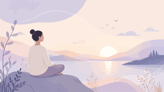 Woman Meditating by Calm Lake at Sunrise, Serene Landscape with Soft Pastel Colors, Peaceful Mindfulness and Wellness Illustration