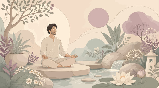 Man Meditating in Serene Zen Garden with Water Feature and Lush Greenery for Wellness and Lifestyle Concepts