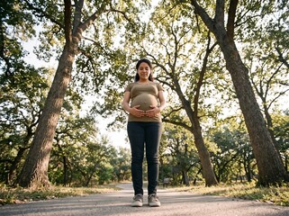 Fototapeta premium A pregnant woman standing outdoors in a park, holding her belly. She is surrounded by trees with lush green leaves