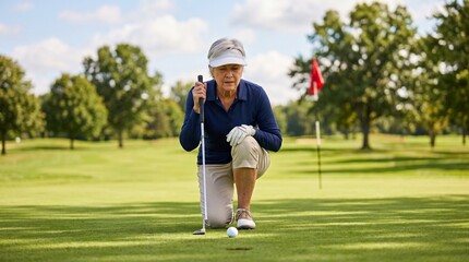 Obraz premium An older woman playing golf on a sunny day, focused on her shot on the green