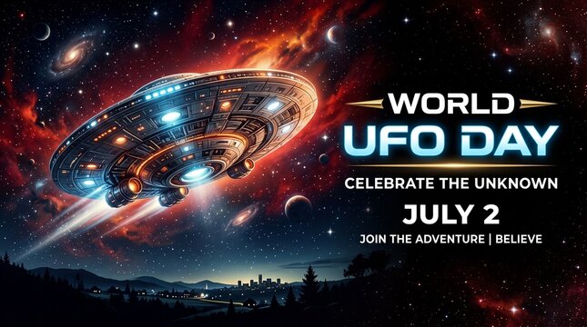 World UFO Day illustration celebrating the unknown with a flying saucer in a starry night sky, with galaxies and nebulae, and the text World UFO Day July 2