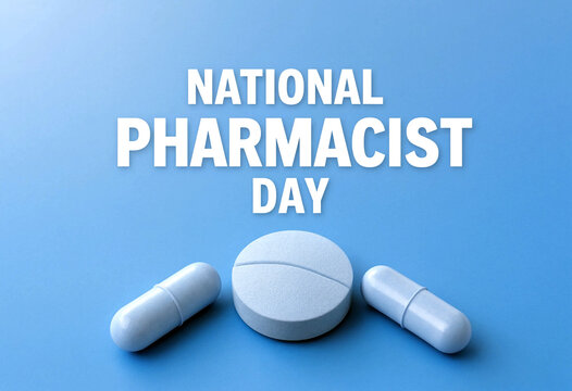 Celebrate national pharmacist day with blue pills and capsules on a smooth background