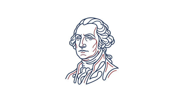 Minimalist line art illustration of George Washington portrait in red and blue colors.