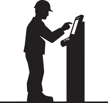 Silhouette of a man in a hard hat interacting with a kiosk