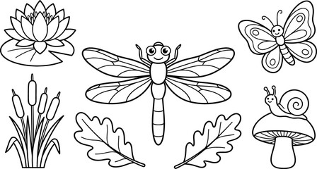 Cute Dragonfly with Butterfly, Snail, Mushroom, Lily Flower, Cattail, and Leaves Coloring Page Set for Kids Pond Designs © Rafikul