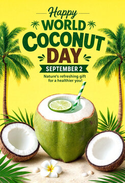 Celebrate world coconut day with fresh coconut drink and tropical palm trees background design