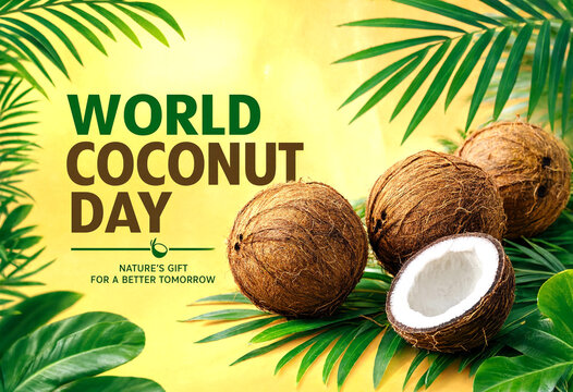 Celebrate world coconut day with fresh coconuts and green palm leaves on vibrant background