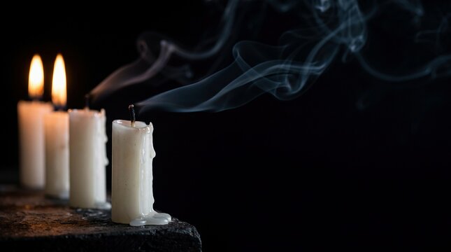 White candles, some lit and some extinguished with lingering smoke, on dark stone surface, symbolizing remembrance or loss.