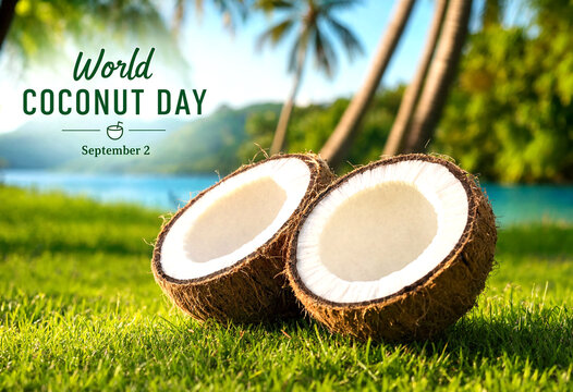 Celebrate world coconut day with fresh open coconuts in tropical beach setting and scenic nature background