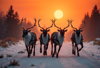 Fototapeta premium Four reindeer running on snowy path at sunset