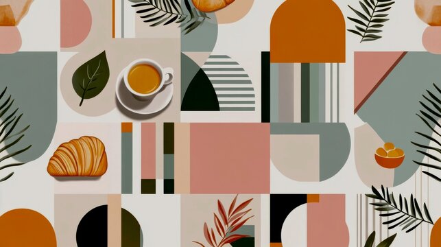 seamless pattern that combines geometric shapes with simplified breakfast iconography. The pattern features a grid or arrangement of various geometric shapes