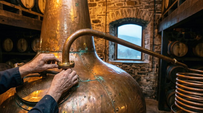 Traditional copper pot still meticulously operated by artisan hands in rustic distillery, artisanal spirit production.