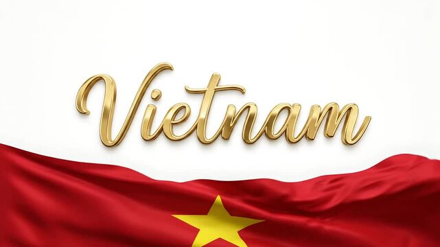 Vibrant collection of Vietnamese flags fluttering with the word Vietnam in elegant gold script across frames capturing cultural