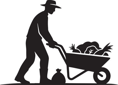 Silhouette of a man pushing a wheelbarrow filled