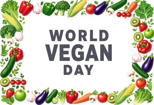 Colorful fresh vegetables and fruits border celebrating world vegan day with text