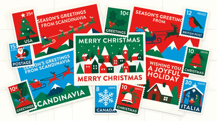 Collection of Vintage Christmas Themed Stamps and Postcards, Flat Design Vector Illustration with Festive Scenes and Greetings © Ari