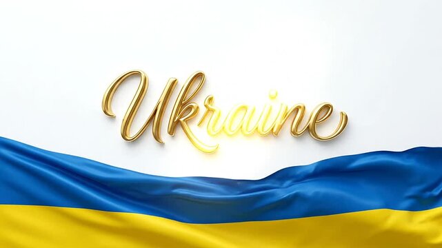 Animated display of the Ukrainian flag with elegant gold script spelling Ukraine across the waving blue and yellow fabric