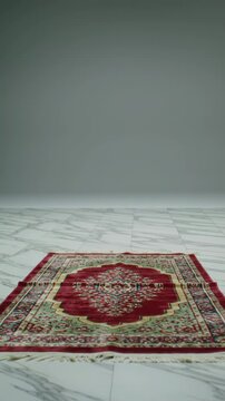 ornate persian rug unfurling, traditional intricate floral pattern in red and green, luxurious home decor textile