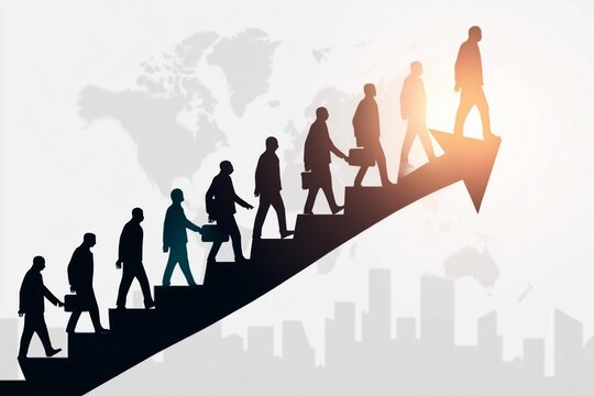 World Population Day concept with diverse silhouettes ascending arrow toward global growth and progress