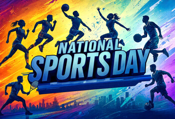Dynamic and colorful illustration celebrating national sports day with athletes in action