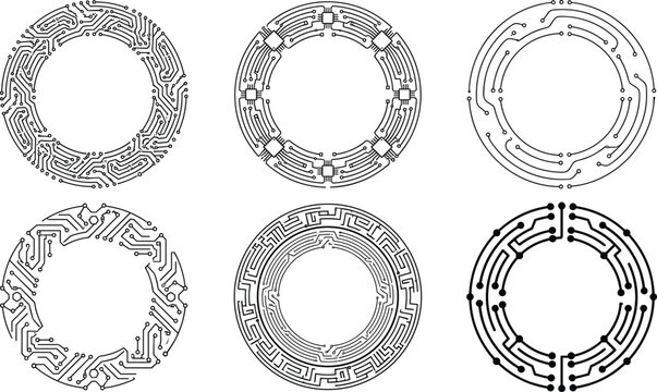 Circular circuit board vector frames tech round borders set abstract black and white microchip line art