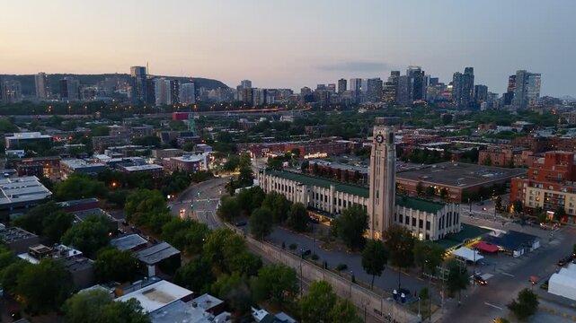 Aerial twilight view of Atwater Market and Montreal skyline, Quebec, Canada at blue hour. g.